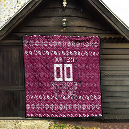 Personalized Brisbane Broncos Christmas Quilt Australian Rugby Fans - Pixelated Ugly Xmas Pattern Mascot Santa