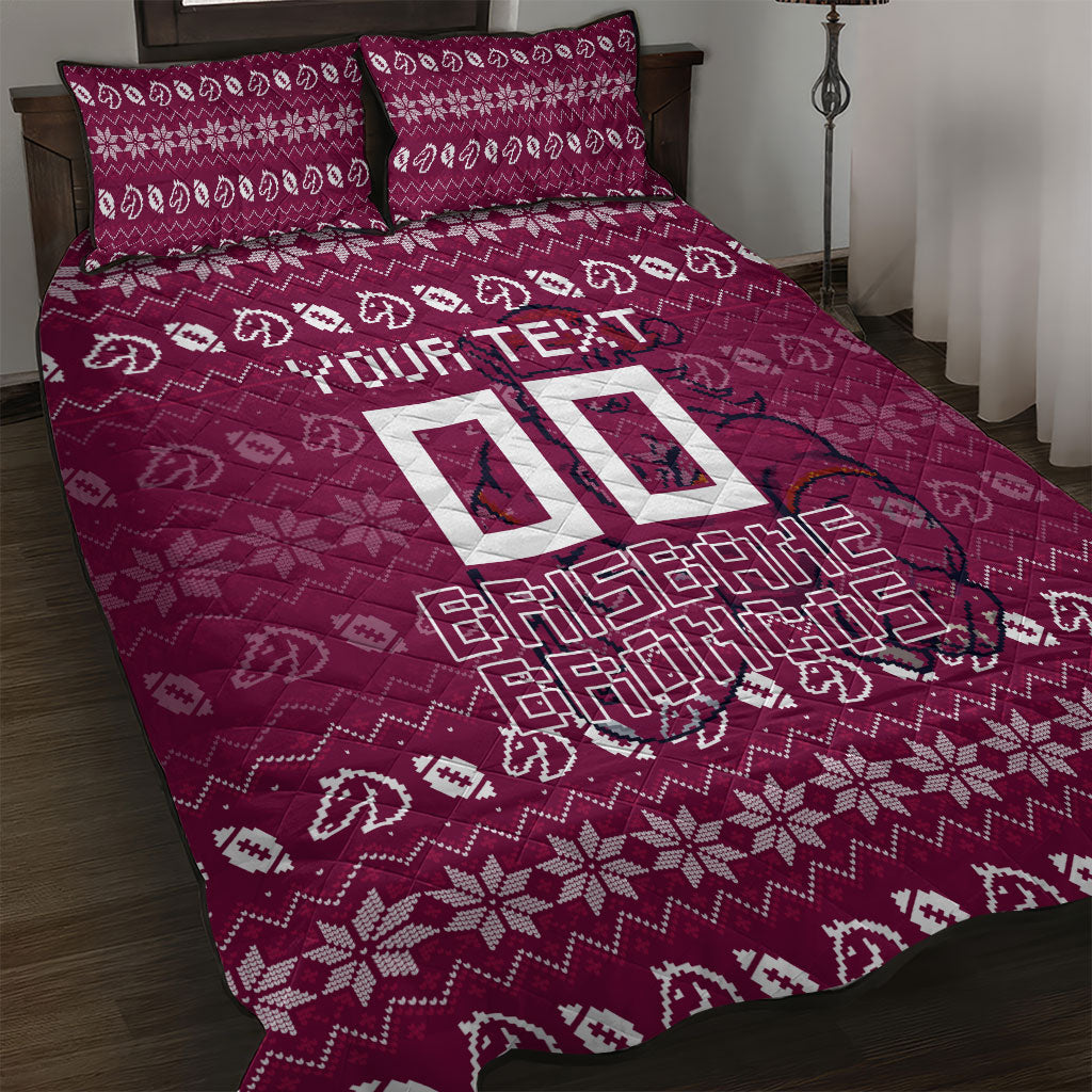 Personalized Brisbane Broncos Christmas Quilt Bed Set Australian Rugby Fans - Pixelated Ugly Xmas Pattern Mascot Santa