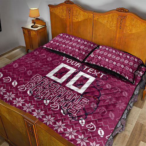 Personalized Brisbane Broncos Christmas Quilt Bed Set Australian Rugby Fans - Pixelated Ugly Xmas Pattern Mascot Santa