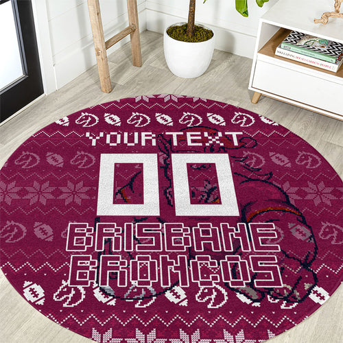 Personalized Brisbane Broncos Christmas Round Carpet Australian Rugby Fans - Pixelated Ugly Xmas Pattern Mascot Santa