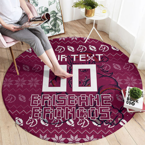 Personalized Brisbane Broncos Christmas Round Carpet Australian Rugby Fans - Pixelated Ugly Xmas Pattern Mascot Santa