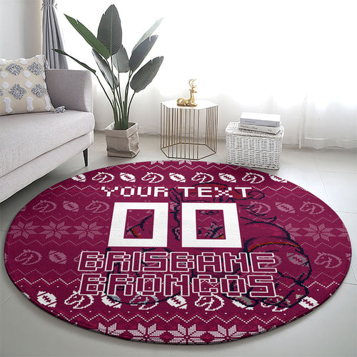 Personalized Brisbane Broncos Christmas Round Carpet Australian Rugby Fans - Pixelated Ugly Xmas Pattern Mascot Santa