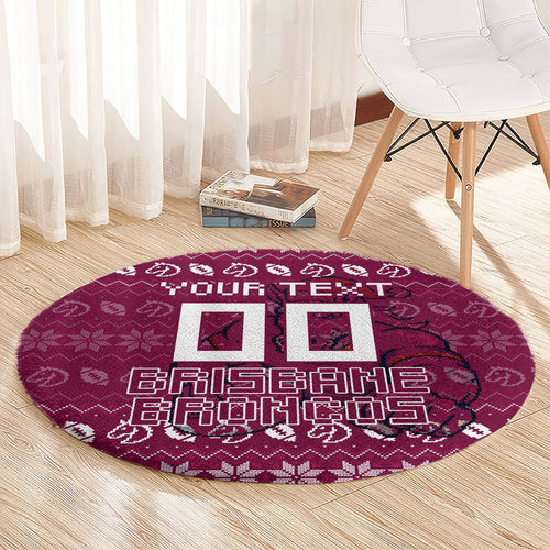 Personalized Brisbane Broncos Christmas Round Carpet Australian Rugby Fans - Pixelated Ugly Xmas Pattern Mascot Santa