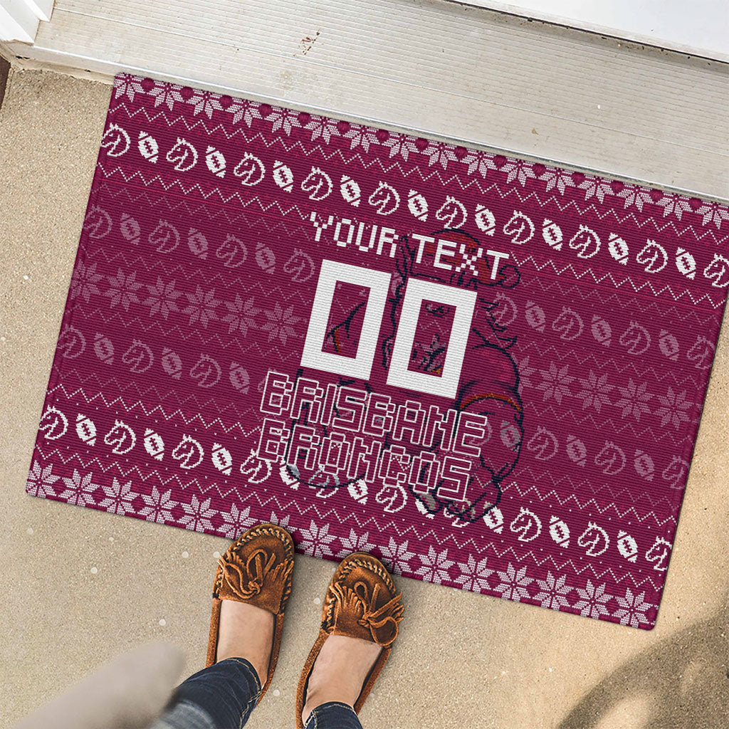Personalized Brisbane Broncos Christmas Rubber Doormat Australian Rugby Fans - Pixelated Ugly Xmas Pattern Mascot Santa