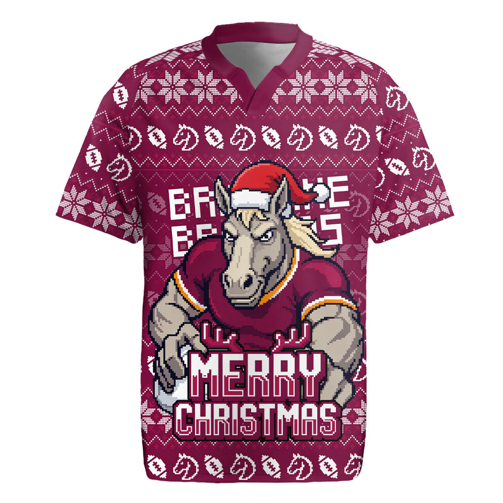 Personalized Brisbane Broncos Christmas Rugby Jersey Australian Rugby Fans - Pixelated Ugly Xmas Pattern Mascot Santa