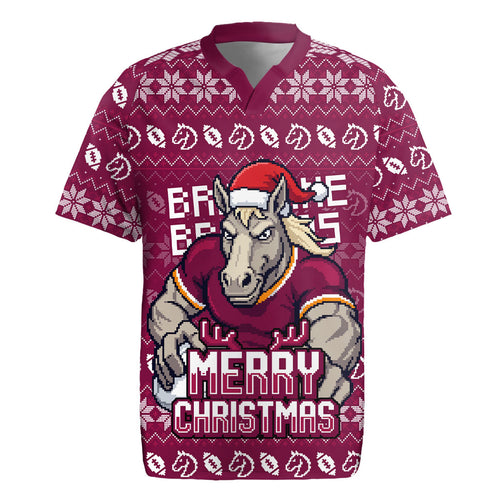 Personalized Brisbane Broncos Christmas Rugby Jersey Australian Rugby Fans - Pixelated Ugly Xmas Pattern Mascot Santa