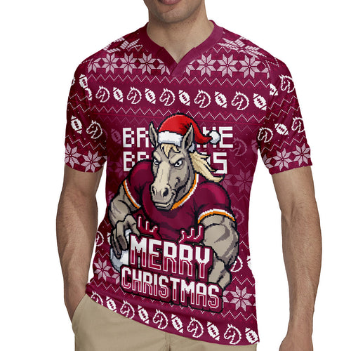 Personalized Brisbane Broncos Christmas Rugby Jersey Australian Rugby Fans - Pixelated Ugly Xmas Pattern Mascot Santa
