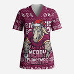 Personalized Brisbane Broncos Christmas Scrub Top Australian Rugby Fans - Pixelated Ugly Xmas Pattern Mascot Santa