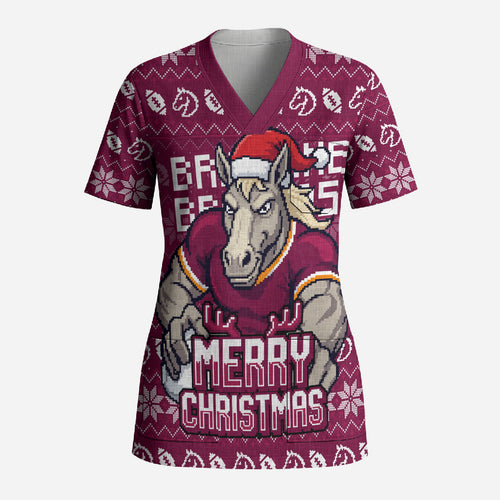 Personalized Brisbane Broncos Christmas Scrub Top Australian Rugby Fans - Pixelated Ugly Xmas Pattern Mascot Santa