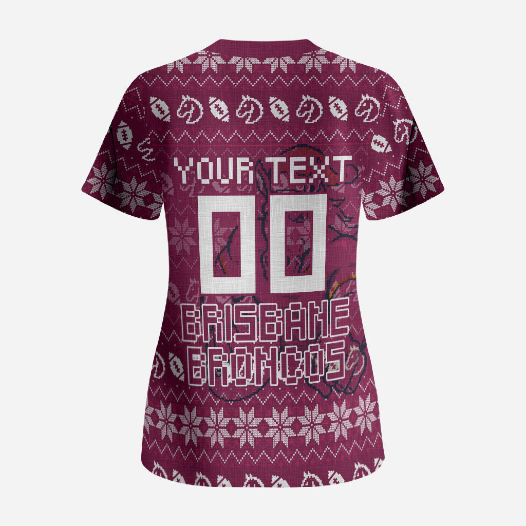 Personalized Brisbane Broncos Christmas Scrub Top Australian Rugby Fans - Pixelated Ugly Xmas Pattern Mascot Santa