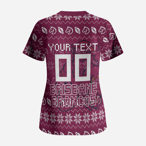 Personalized Brisbane Broncos Christmas Scrub Top Australian Rugby Fans - Pixelated Ugly Xmas Pattern Mascot Santa