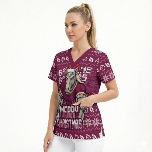 Personalized Brisbane Broncos Christmas Scrub Top Australian Rugby Fans - Pixelated Ugly Xmas Pattern Mascot Santa