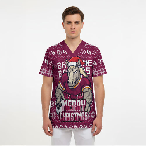 Personalized Brisbane Broncos Christmas Scrub Top Australian Rugby Fans - Pixelated Ugly Xmas Pattern Mascot Santa