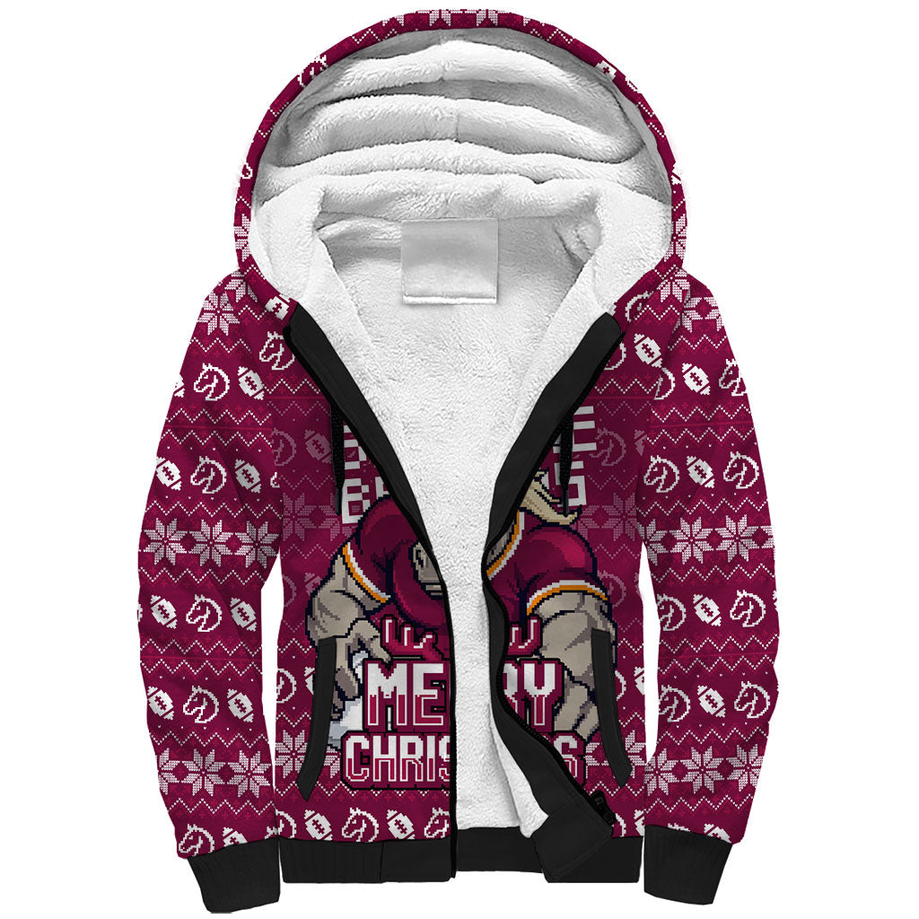 Personalized Brisbane Broncos Christmas Sherpa Hoodie Australian Rugby Fans - Pixelated Ugly Xmas Pattern Mascot Santa