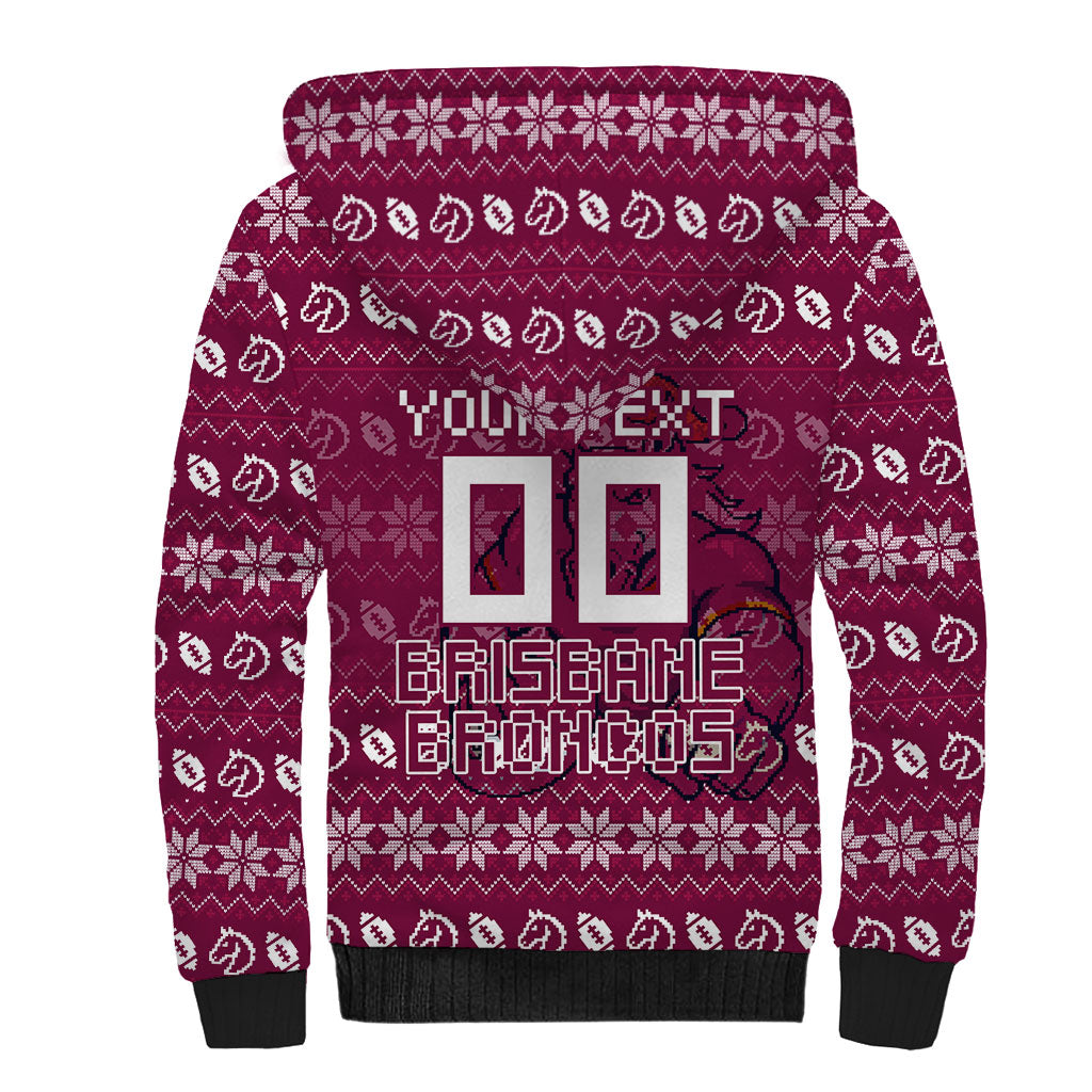 Personalized Brisbane Broncos Christmas Sherpa Hoodie Australian Rugby Fans - Pixelated Ugly Xmas Pattern Mascot Santa