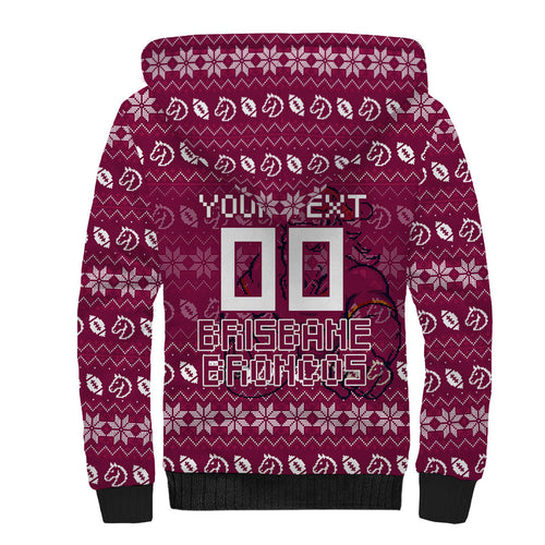 Personalized Brisbane Broncos Christmas Sherpa Hoodie Australian Rugby Fans - Pixelated Ugly Xmas Pattern Mascot Santa