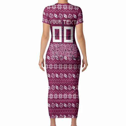 Personalized Brisbane Broncos Christmas Short Sleeve Bodycon Dress Australian Rugby Fans - Pixelated Ugly Xmas Pattern Mascot Santa