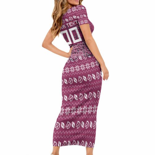 Personalized Brisbane Broncos Christmas Short Sleeve Bodycon Dress Australian Rugby Fans - Pixelated Ugly Xmas Pattern Mascot Santa