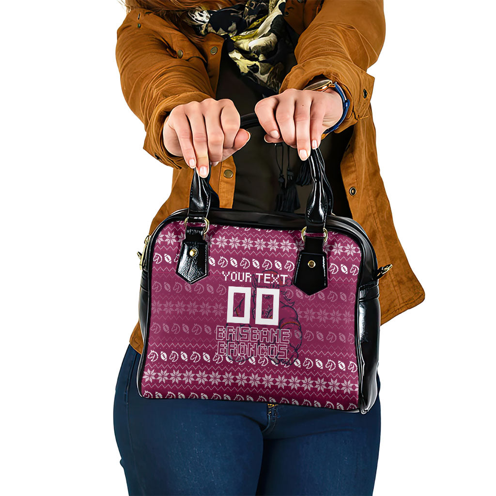 Personalized Brisbane Broncos Christmas Shoulder Handbag Australian Rugby Fans - Pixelated Ugly Xmas Pattern Mascot Santa