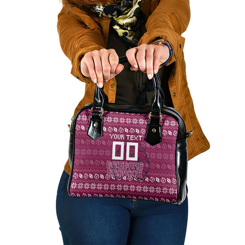 Personalized Brisbane Broncos Christmas Shoulder Handbag Australian Rugby Fans - Pixelated Ugly Xmas Pattern Mascot Santa