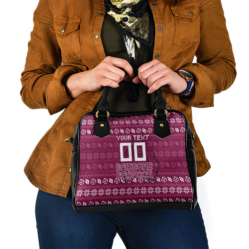 Personalized Brisbane Broncos Christmas Shoulder Handbag Australian Rugby Fans - Pixelated Ugly Xmas Pattern Mascot Santa