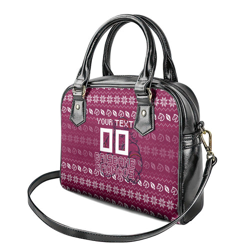 Personalized Brisbane Broncos Christmas Shoulder Handbag Australian Rugby Fans - Pixelated Ugly Xmas Pattern Mascot Santa
