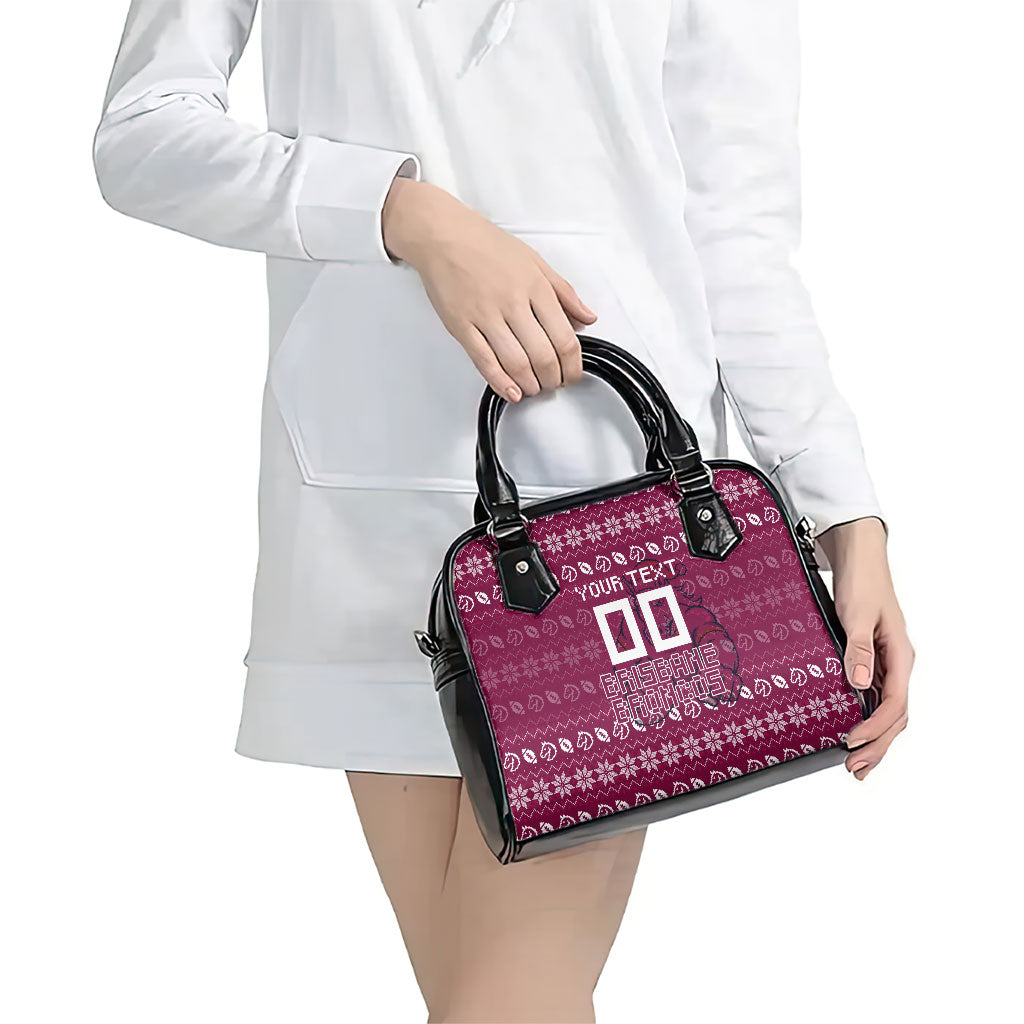 Personalized Brisbane Broncos Christmas Shoulder Handbag Australian Rugby Fans - Pixelated Ugly Xmas Pattern Mascot Santa