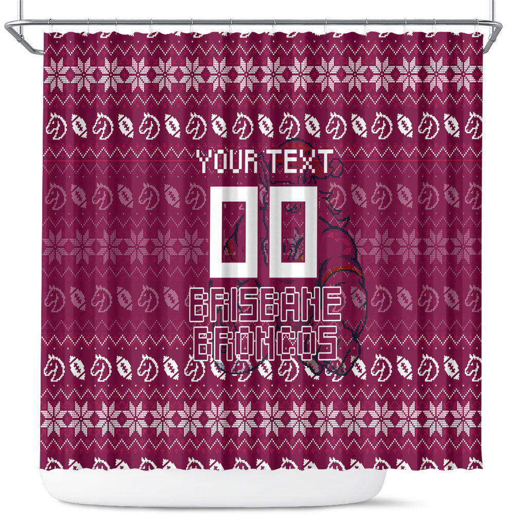 Personalized Brisbane Broncos Christmas Shower Curtain Australian Rugby Fans - Pixelated Ugly Xmas Pattern Mascot Santa