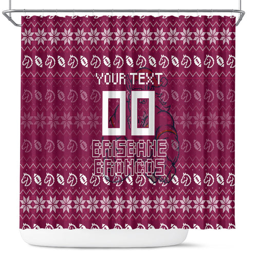Personalized Brisbane Broncos Christmas Shower Curtain Australian Rugby Fans - Pixelated Ugly Xmas Pattern Mascot Santa