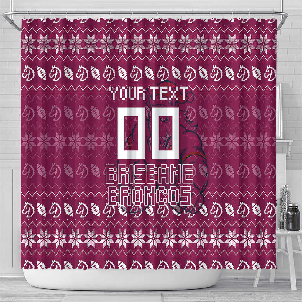 Personalized Brisbane Broncos Christmas Shower Curtain Australian Rugby Fans - Pixelated Ugly Xmas Pattern Mascot Santa