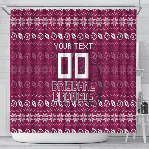Personalized Brisbane Broncos Christmas Shower Curtain Australian Rugby Fans - Pixelated Ugly Xmas Pattern Mascot Santa