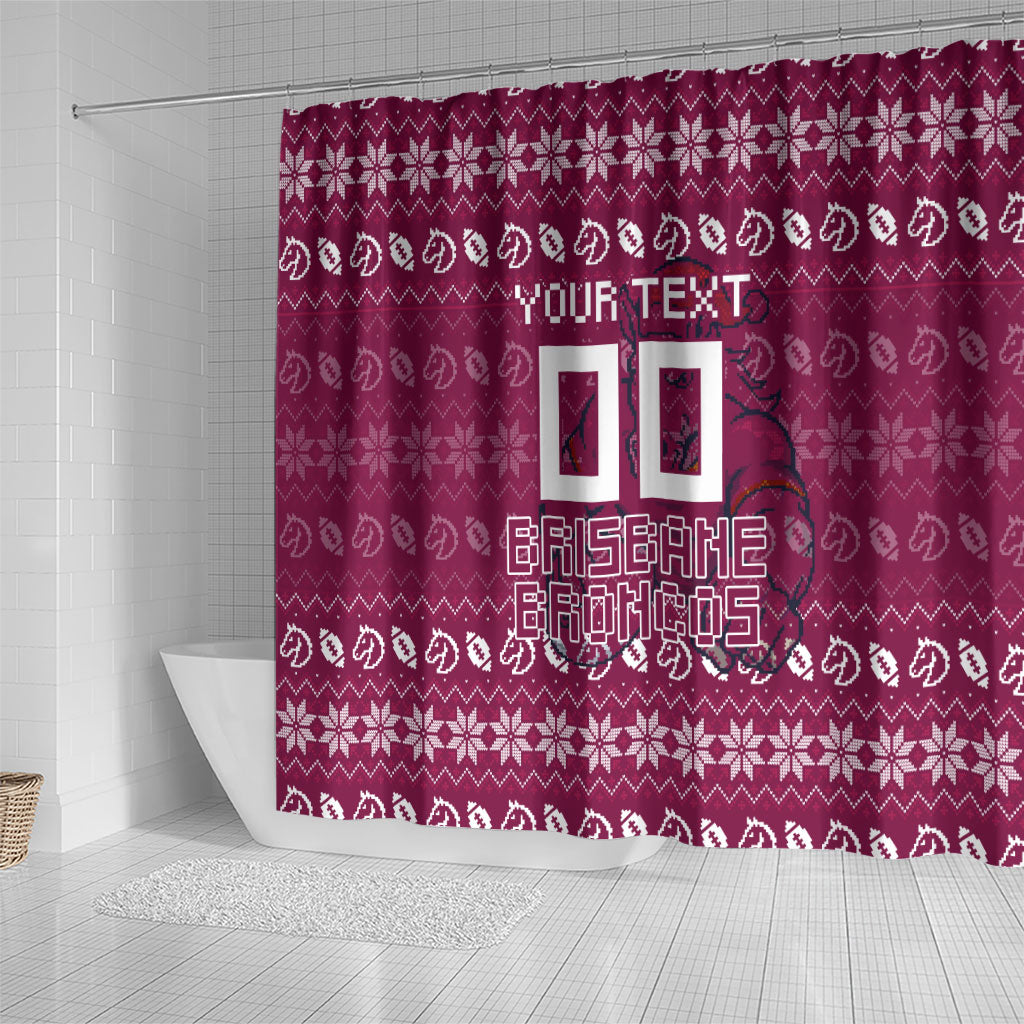 Personalized Brisbane Broncos Christmas Shower Curtain Australian Rugby Fans - Pixelated Ugly Xmas Pattern Mascot Santa
