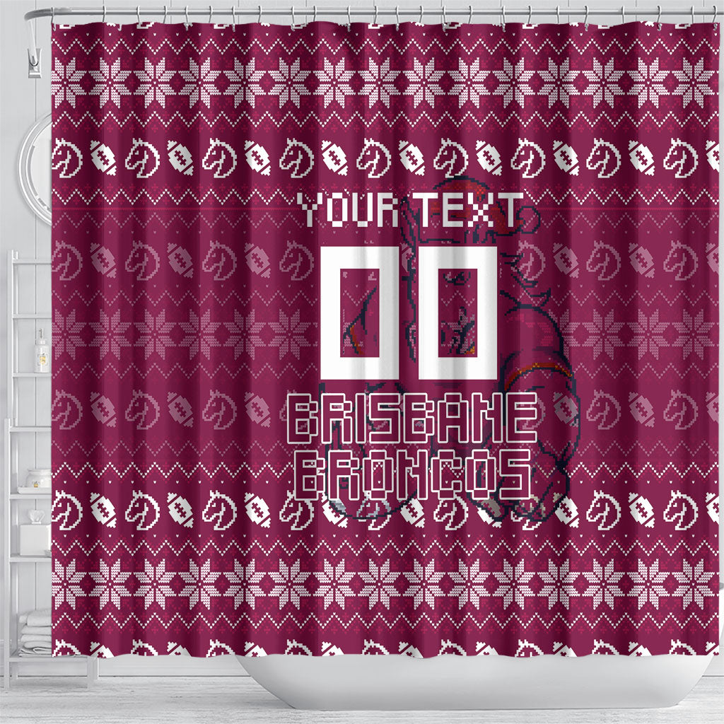 Personalized Brisbane Broncos Christmas Shower Curtain Australian Rugby Fans - Pixelated Ugly Xmas Pattern Mascot Santa