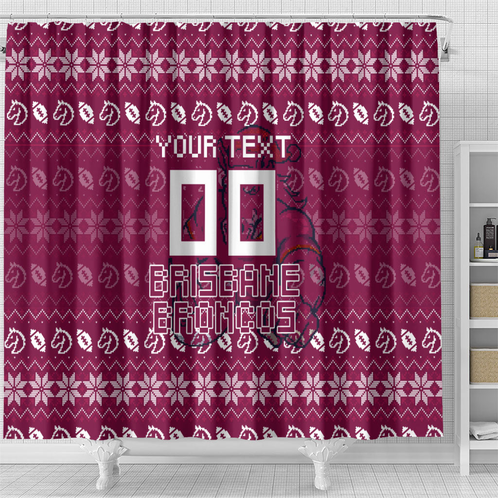 Personalized Brisbane Broncos Christmas Shower Curtain Australian Rugby Fans - Pixelated Ugly Xmas Pattern Mascot Santa