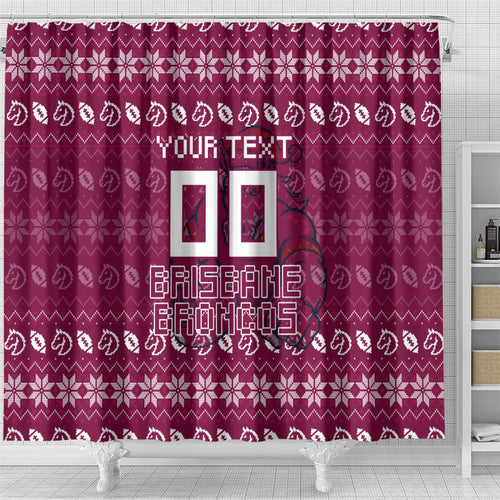 Personalized Brisbane Broncos Christmas Shower Curtain Australian Rugby Fans - Pixelated Ugly Xmas Pattern Mascot Santa