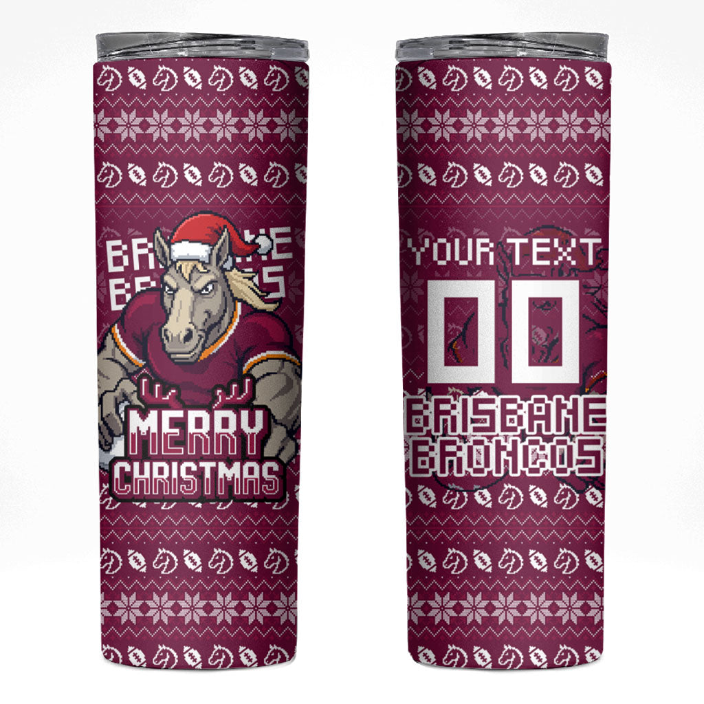 Personalized Brisbane Broncos Christmas Skinny Tumbler Australian Rugby Fans - Pixelated Ugly Xmas Pattern Mascot Santa