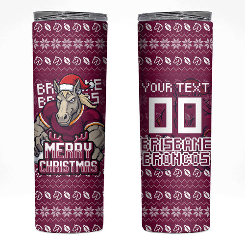 Personalized Brisbane Broncos Christmas Skinny Tumbler Australian Rugby Fans - Pixelated Ugly Xmas Pattern Mascot Santa