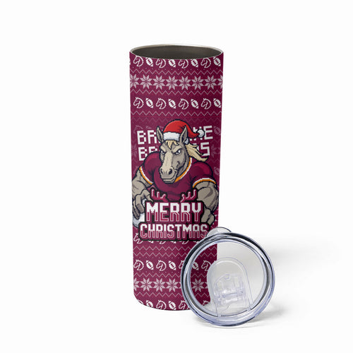Personalized Brisbane Broncos Christmas Skinny Tumbler Australian Rugby Fans - Pixelated Ugly Xmas Pattern Mascot Santa