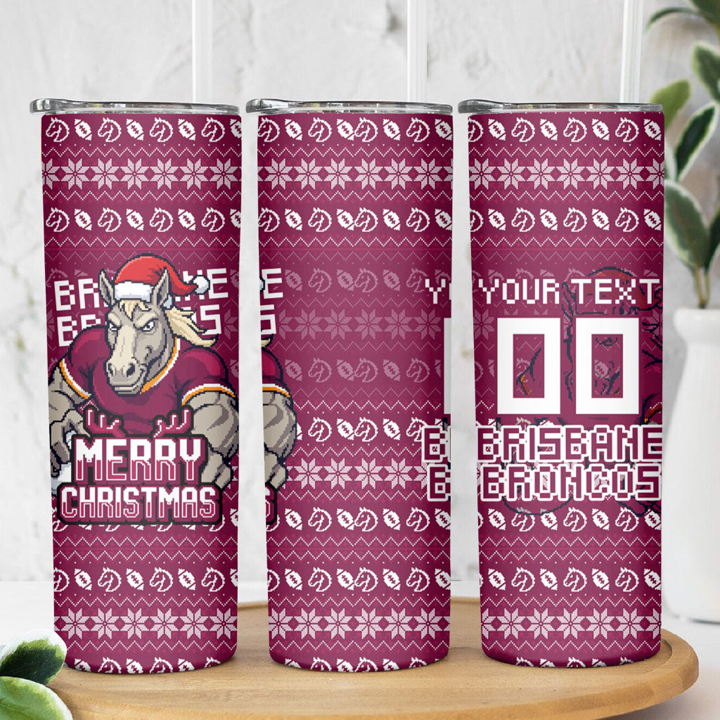 Personalized Brisbane Broncos Christmas Skinny Tumbler Australian Rugby Fans - Pixelated Ugly Xmas Pattern Mascot Santa