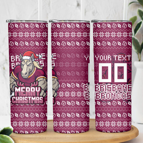 Personalized Brisbane Broncos Christmas Skinny Tumbler Australian Rugby Fans - Pixelated Ugly Xmas Pattern Mascot Santa