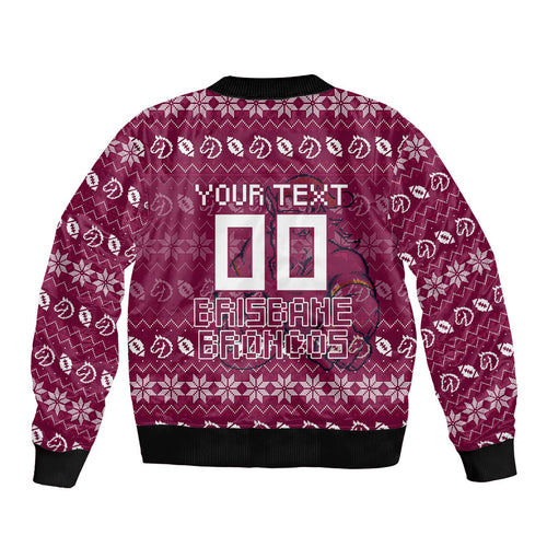 Personalized Brisbane Broncos Christmas Sleeve Zip Bomber Jacket Australian Rugby Fans - Pixelated Ugly Xmas Pattern Mascot Santa