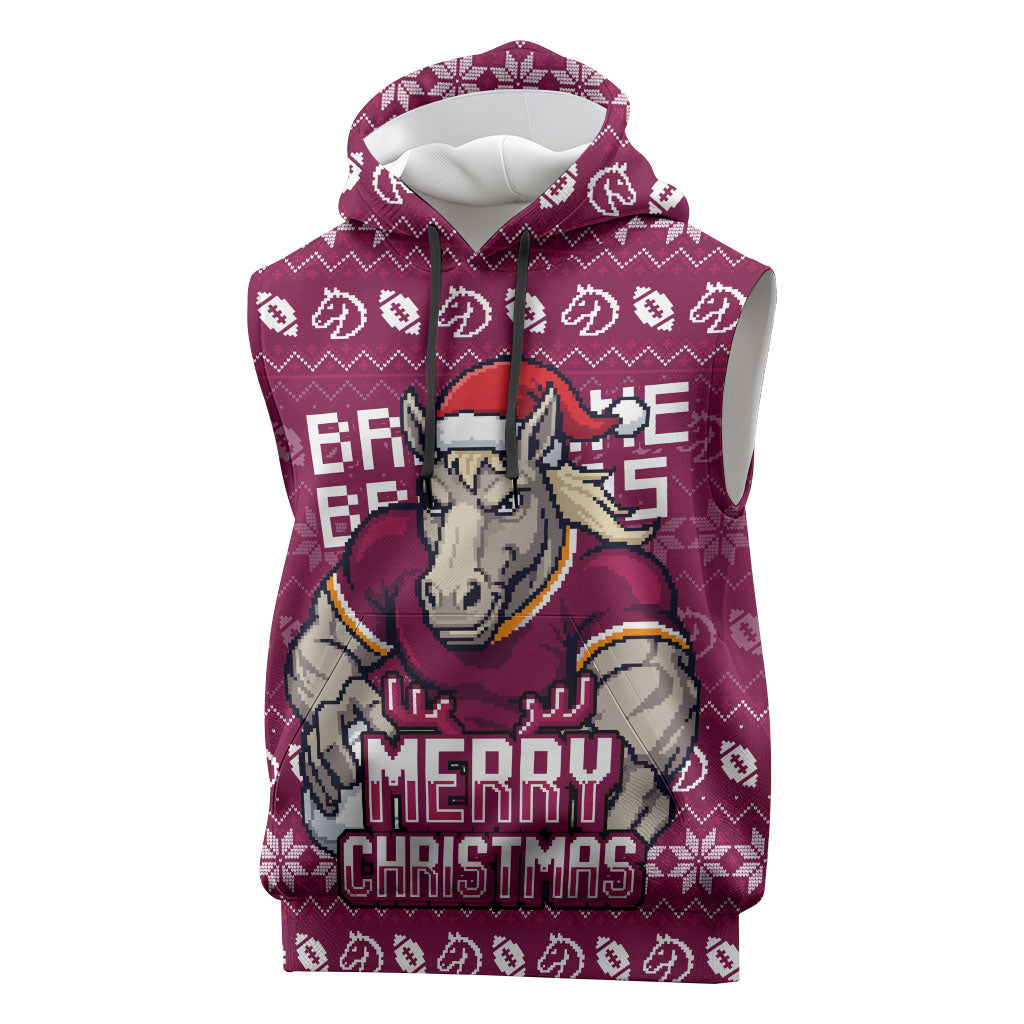 Personalized Brisbane Broncos Christmas Sleeveless Hoodie Australian Rugby Fans - Pixelated Ugly Xmas Pattern Mascot Santa