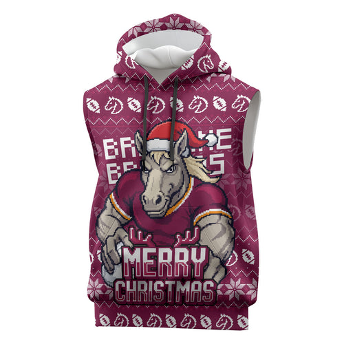 Personalized Brisbane Broncos Christmas Sleeveless Hoodie Australian Rugby Fans - Pixelated Ugly Xmas Pattern Mascot Santa