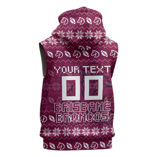 Personalized Brisbane Broncos Christmas Sleeveless Hoodie Australian Rugby Fans - Pixelated Ugly Xmas Pattern Mascot Santa