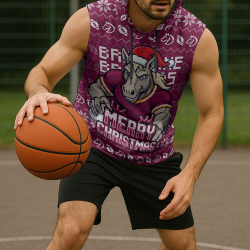 Personalized Brisbane Broncos Christmas Sleeveless Hoodie Australian Rugby Fans - Pixelated Ugly Xmas Pattern Mascot Santa