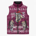 Personalized Brisbane Broncos Christmas Sleeveless Puffer Jacket Australian Rugby Fans - Pixelated Ugly Xmas Pattern Mascot Santa
