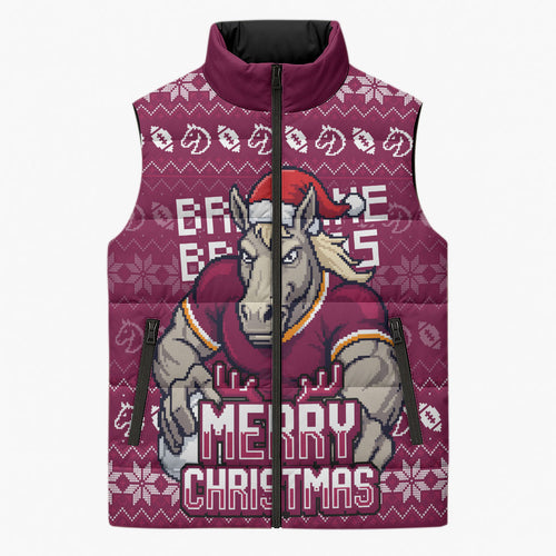 Personalized Brisbane Broncos Christmas Sleeveless Puffer Jacket Australian Rugby Fans - Pixelated Ugly Xmas Pattern Mascot Santa