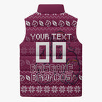Personalized Brisbane Broncos Christmas Sleeveless Puffer Jacket Australian Rugby Fans - Pixelated Ugly Xmas Pattern Mascot Santa