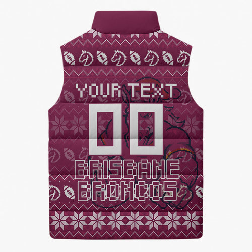Personalized Brisbane Broncos Christmas Sleeveless Puffer Jacket Australian Rugby Fans - Pixelated Ugly Xmas Pattern Mascot Santa