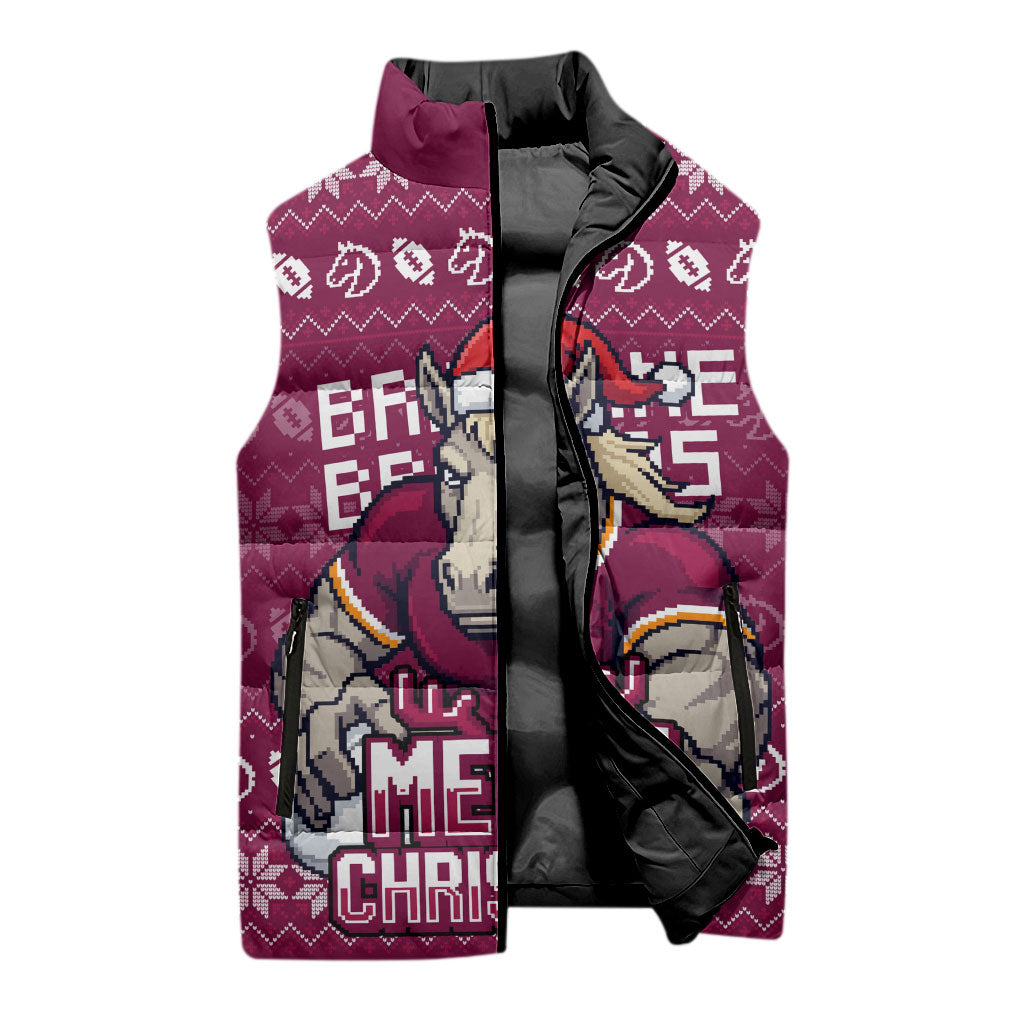 Personalized Brisbane Broncos Christmas Sleeveless Puffer Jacket Australian Rugby Fans - Pixelated Ugly Xmas Pattern Mascot Santa